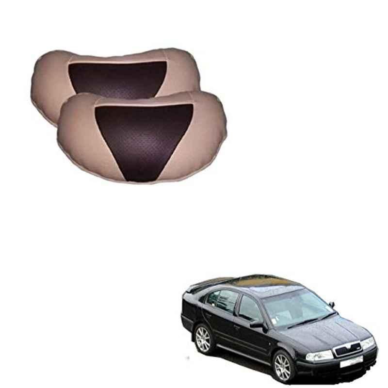 Kozdiko 2 Pcs Beige & Brown Car Neck Rest Cushion Pillow Set for Skoda Old Octavia