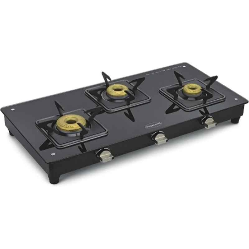 Padmini 3 Burner Stainless Steel Black Automatic Ignition Glass Top Gas Stove, 3BR CS-3 GT Elite
