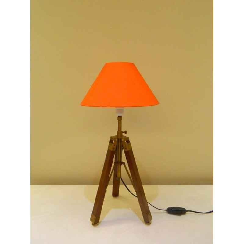 Tucasa Mango Wood Brown Tripod Table Lamp with Polycotton Orange Shade, P-62