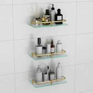 Plantex Heavy Duty Glass Shelf for Bathroom/Kitchen Storage Shelf Wall Mounted/Living Room Frosted Glass Shelf, Antique Brass Finish 12x6 inch(Pack of 3)