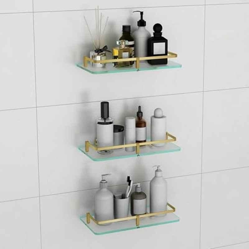 Plantex Heavy Duty Glass Shelf for Bathroom/Kitchen Storage Shelf Wall Mounted/Living Room Frosted Glass Shelf, Antique Brass Finish 12x6 inch(Pack of 3)