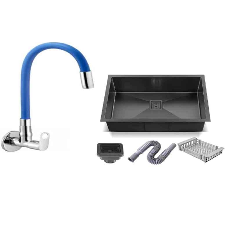 Zesta 24x18x10 inch Stainless Steel 304 Black Matt Finish Handmade Kitchen Sink with Blue Flexible Sink Cock Tap
