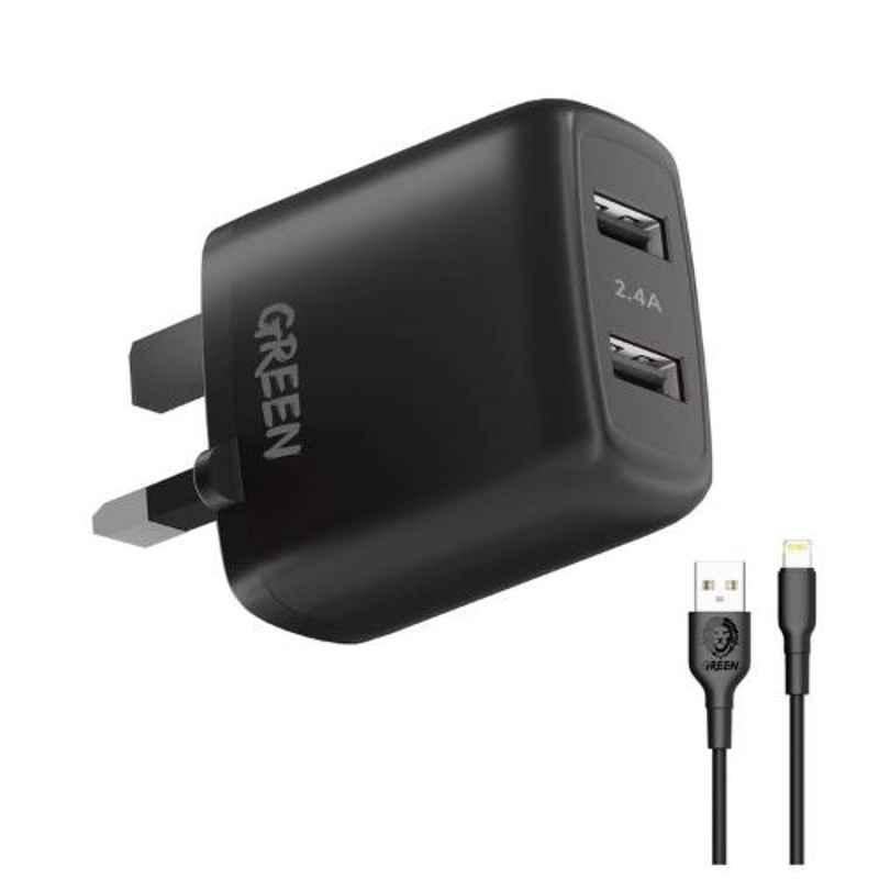 Green Lion 12W UK 1.2m Black Dual USB Port Wall Charger with PVC Lightning Cable, GNC24AIP6BK