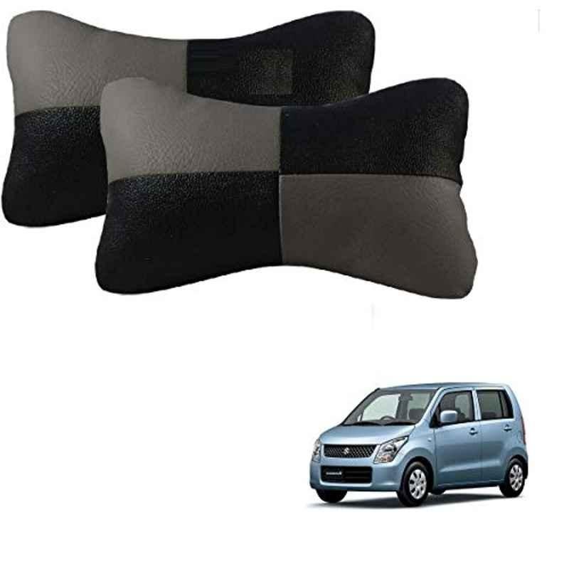 Kozdiko 2 Pcs Leather Grey & Black Neck Rest Car Cushion Pillow Set for Maruti Suzuki WagonR Type-2(2010-Present)
