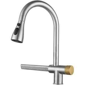 Fossa Stainless Steel Grey Single Hole Kitchen Sink Faucet with Pull Down Sprayer & Waterfall Shower