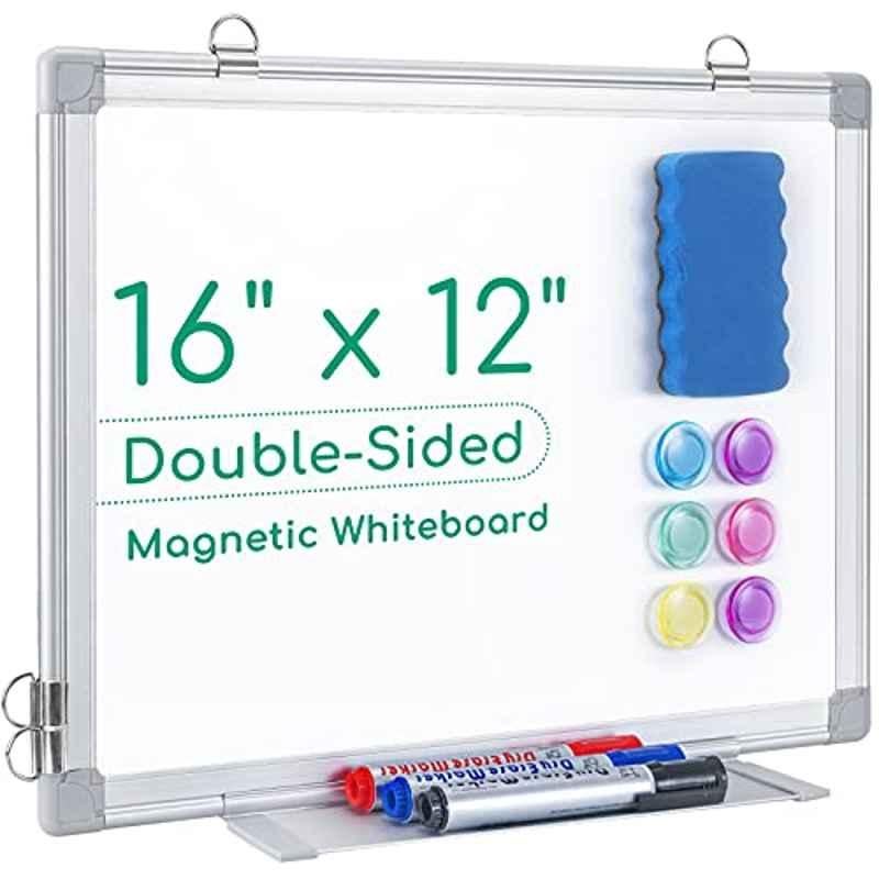 Maxtek 16x12 inch Double Sided Magnetic Whiteboard with Pen Tray, Eraser Markers & Magnets