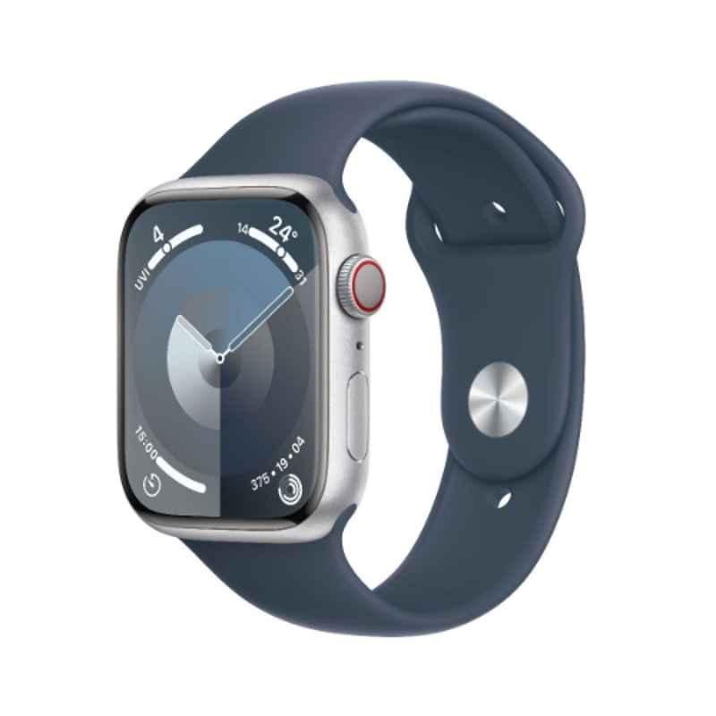 Apple 9 45mm Silver Aluminium Case GPS & Cellular Smart Watch with M/L Storm Blue Sport Band, MRMH3QA/A