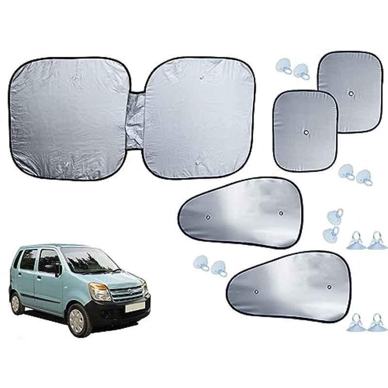 Auto Pearl 5 Pcs Polyester Black & Silver Window & Front Sun Shade Set for Maruti Suzuki WagonR 2006-2010