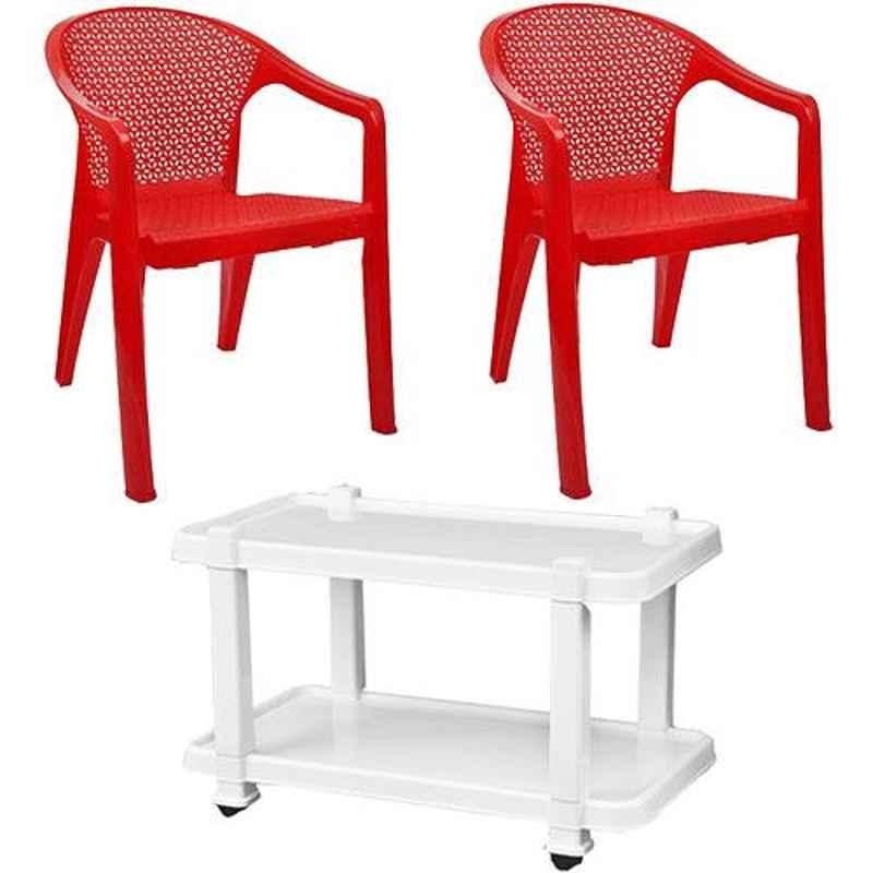 Italica 2 Pcs Polypropylene Red Oxy Arm Chair & White Table with Wheels Set, 5202-2/9509