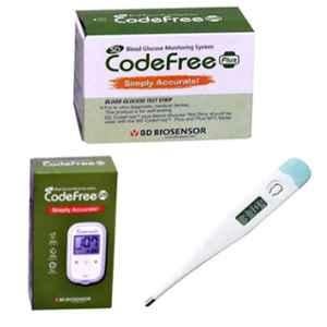 SD Codefree Glucometer, 100 Pcs Blood Glucose Test Strips & Digital Thermometer Combo