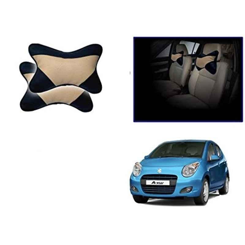 Kozdiko 2 Pcs Memory Foam Beige & Black Car Neck Rest Cushion Pillow Set for Maruti Suzuki A-Star