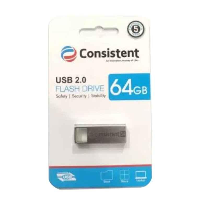 Consistent 64GB Metal Silver USB 2.0 Flash Pen Drive, CTP10064