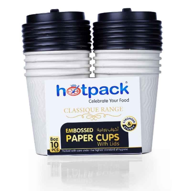 Hotpack 10Pcs 8Oz Paper White Embossed Cup with Lid Set, HSMEPC8C