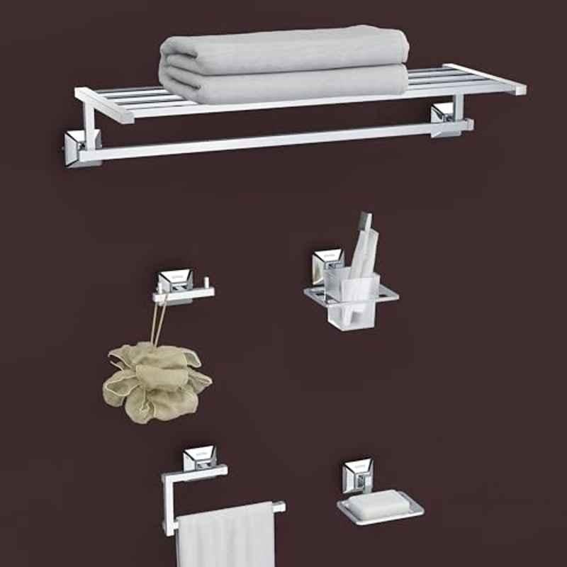 Plantex Squaro 5 Pcs Stainless Steel Silver Chrome Finish Bathroom Accessories Set