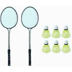 STYRKR Multicolour 2 Double Shaft Racquet with 6 pc Nylon Shuttle Badminton Kit