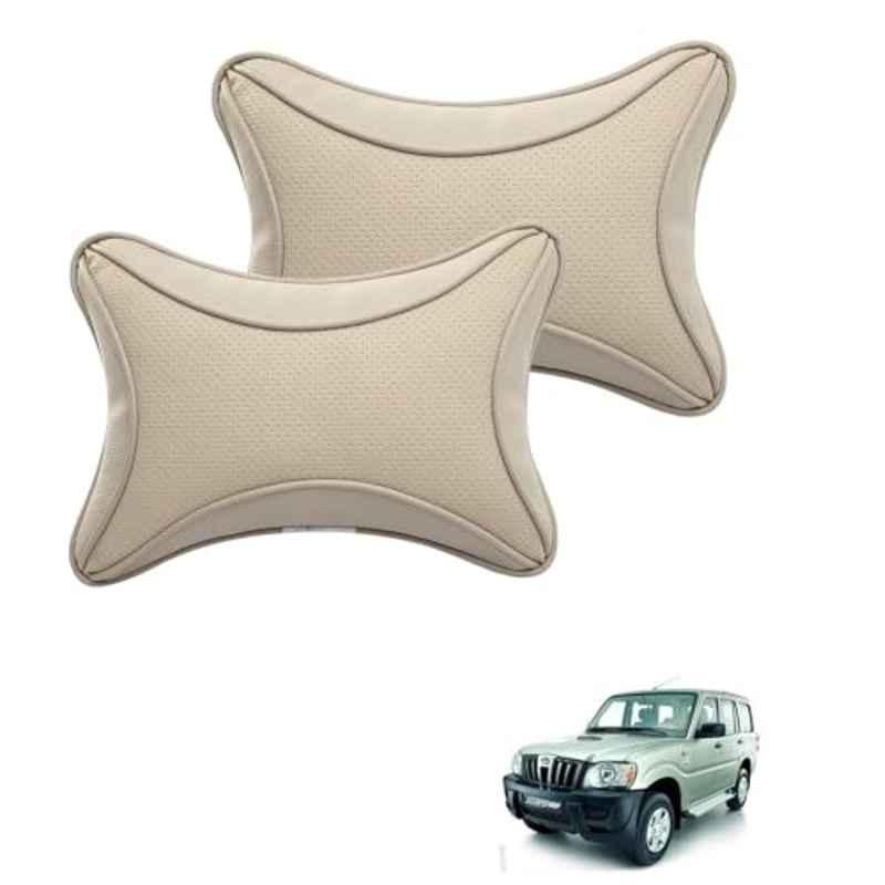 Kozdiko 2 Pcs Memory Foam & Polyester Beige Dots Car Neck Rest Pillow Set for Mahindra Old Scorpio, XNVJVHGJFH176