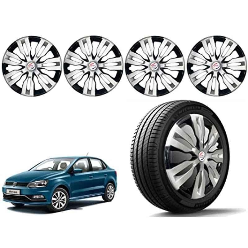 Auto Pearl 4 Pcs 14 inch Polypropylene Silver & Black Press Type Car Wheel Cover Set with Retention Ring for Volkswagen Ameo, 14WC_Dzire2017_DC_Ameo