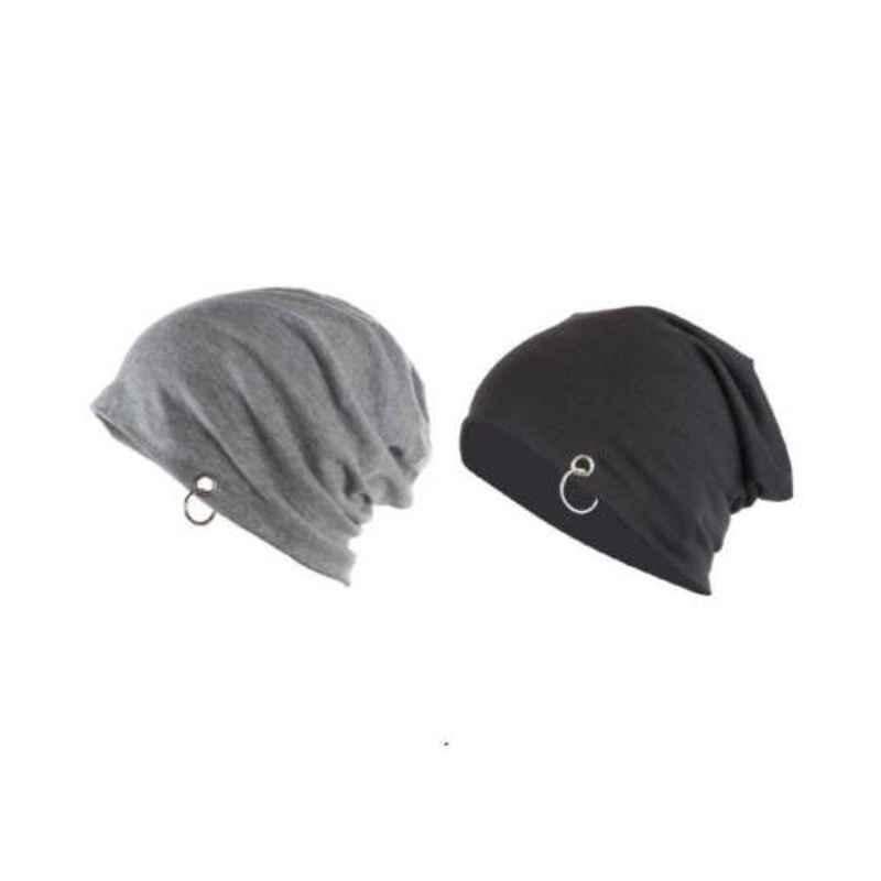 Delhi Deals Black Solid Skull Beanie with Ring Cap (Pack of 2)