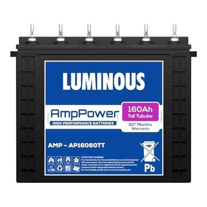 Luminous AmpPower AP16060TT 160Ah 12V Tall Tubular Inverter Battery with 60 Months Warranty for Homes, Offices & Shops, F1160Q914160