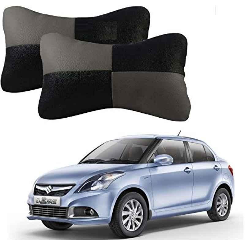 Kozdiko 2 Pcs Leather Grey & Black Neck Rest Car Cushion Pillow Set for Maruti Suzuki Swift Dzire Type-2(2011-2017)