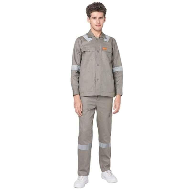 French Terrain 200 GSM 100% Cotton Grey Industrial Work Wear Jacket & Pant Set with Reflective Tape for Men, Size: M (38 cm