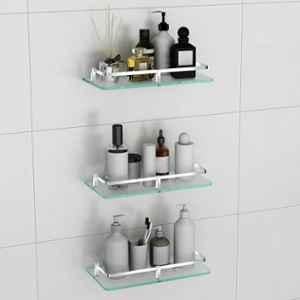 Plantex Multipurpose Frosted Glass Shelf for Bathroom/Shelves for Kitchen/Living Room Wall Shelf with Brass Railings and Wall Brackets Chrome Finish, 12x6 inch es, (Pack of 3)