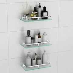 Plantex Multipurpose Frosted Glass Shelf for Bathroom/Shelves for Kitchen/Living Room Wall Shelf with Brass Railings and Wall Brackets Chrome Finish, 12x6 inch es, (Pack of 3)