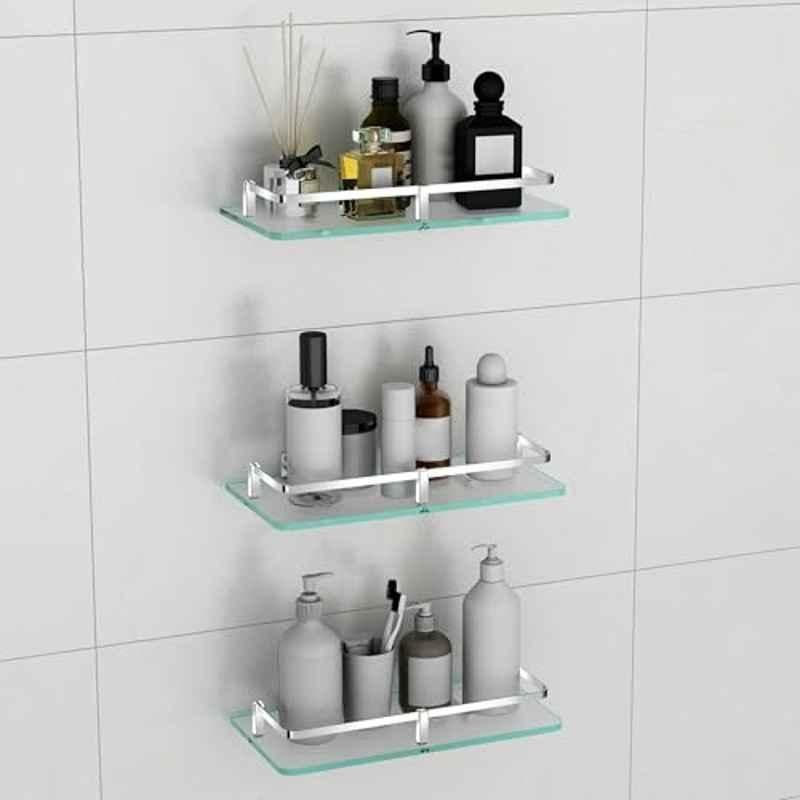 Plantex Multipurpose Frosted Glass Shelf for Bathroom/Shelves for Kitchen/Living Room Wall Shelf with Brass Railings and Wall Brackets Chrome Finish, 12x6 inch es, (Pack of 3)