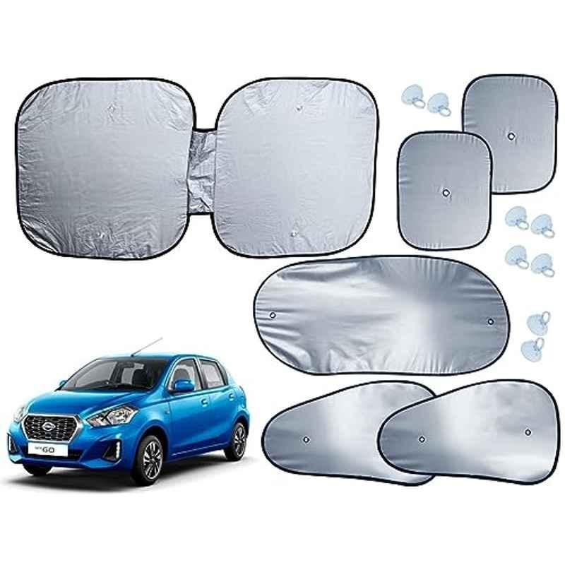 Auto Pearl 6 Pcs Polyester Black & Silver Window, Front & Rear Sun Shade Set for Datsun GO 2020