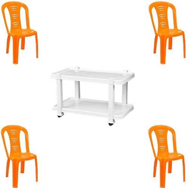 Italica 4 Pcs Polypropylene Orange Without Arm Chair & White Table with Wheels Set, 9306-4/9509