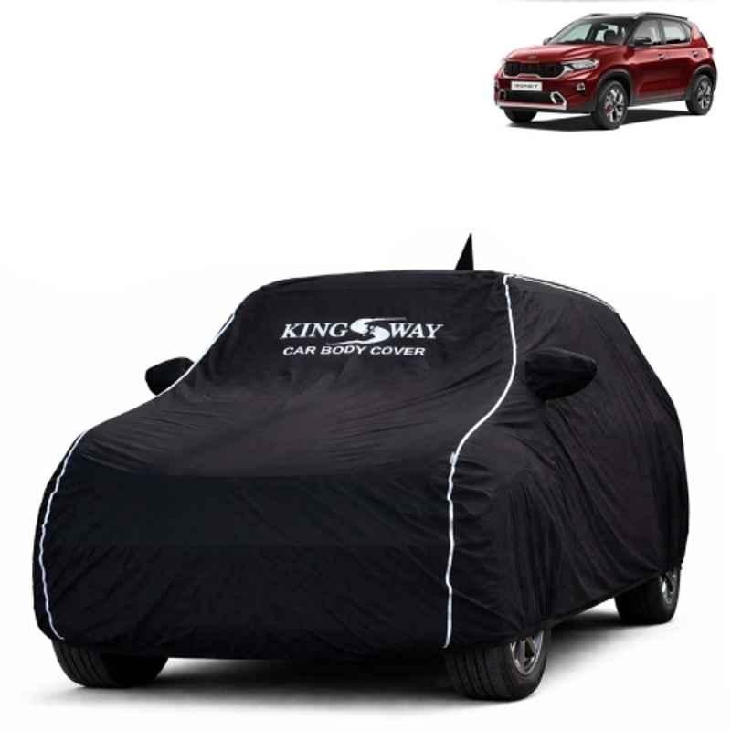 Kingsway Super Waterproof All Weather Protection Polypropylene Black Car Cover for Kia Sonet 2020 to 2024 with Silver Piping, Mirror & Antenna Pockets