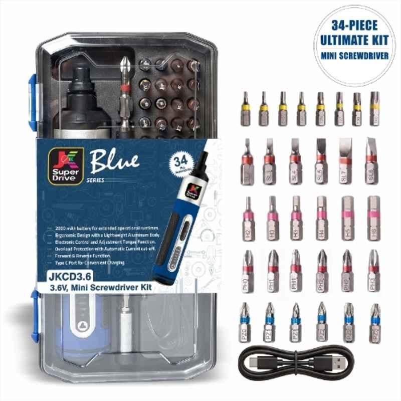 JK Super Drive 34 Pcs 3.6V Li-ion Rechargeable Mini Cordless Screwdriver Set with LED Light, 9005143