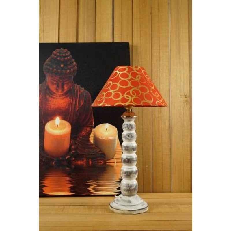 Tucasa Mango Wood Old White Table Lamp with 10 inch Polycotton Red Silver Pyramid Shade, WL-173