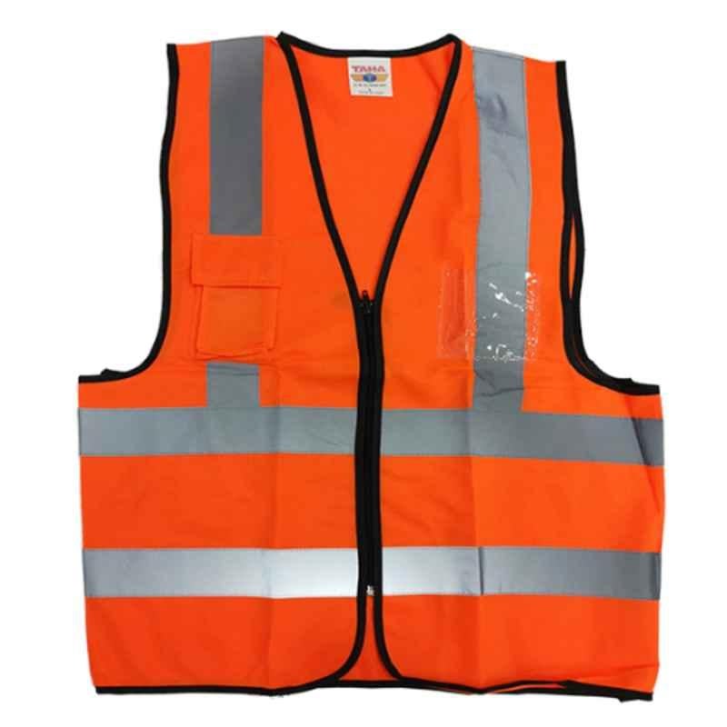 Taha Polyester Orange 4 Line High Reflective Safety Jacket, SJ21, Size: L