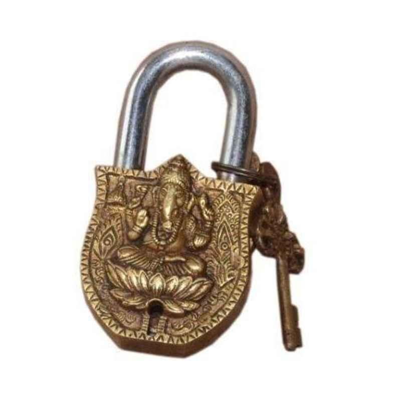 Smart Shophar 4 inch Brass & Steel Yellow Ganesha Padlock, SLK18PD-GANE-YL04-P1