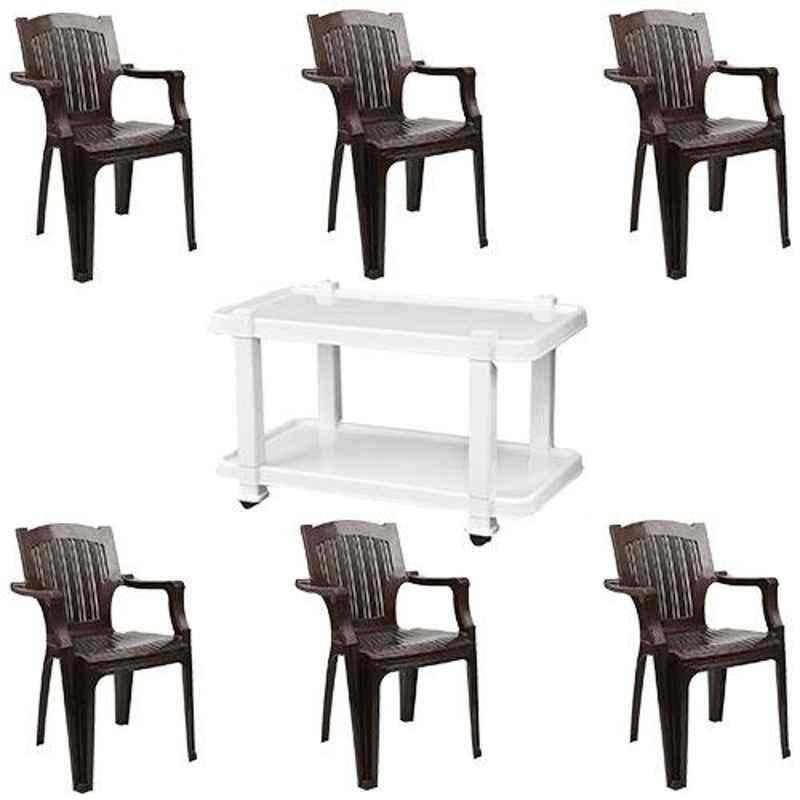 Italica 6 Pcs Polypropylene Nut Brown Comfort Arm Chair & White Table with Wheels Set, 9001-6/9509