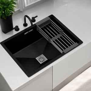 Happy Homes Quartz 24x18x9 inch Composite Granite Smoky Black Single Bowl Kitchen Sink with Waste Coupling & PVC Pipe