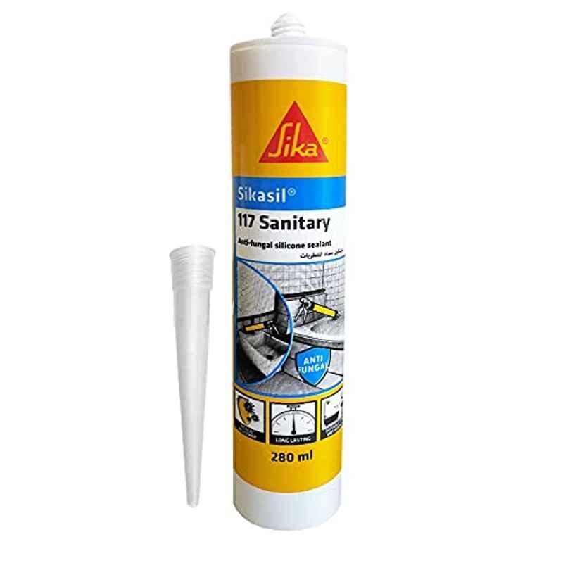 Sika Sikasil-117 Sanitary, White, Anti-Fungal Acetoxy Silicone Sealant For Sanitary Applications, Weathering Resistance, 280 ml Cartridge