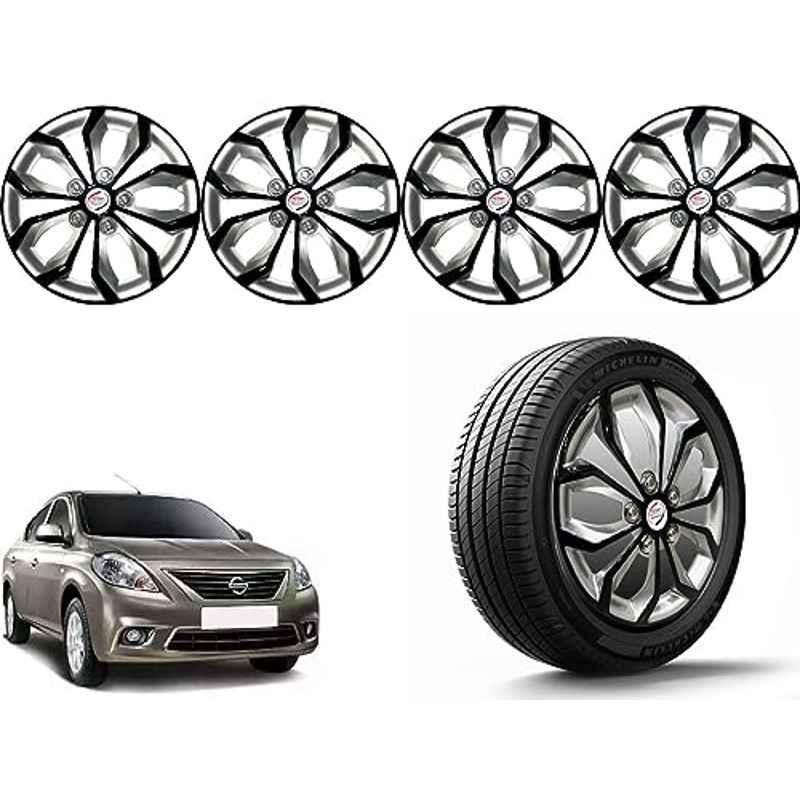 Auto Pearl 4 Pcs 14 inch Polypropylene Black & Silver Press Type Car Wheel Cover Set with Retention Ring for Nissan Sunny 2011-2014, 14WC_Pearl_Rev_Sunny2011_2014