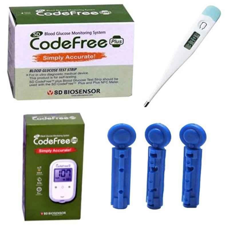 SD Codefree 50 Pcs Blood Glucose Test Strips, 100 Pcs Lancets, Lancing Device & Digital Thermometer Combo
