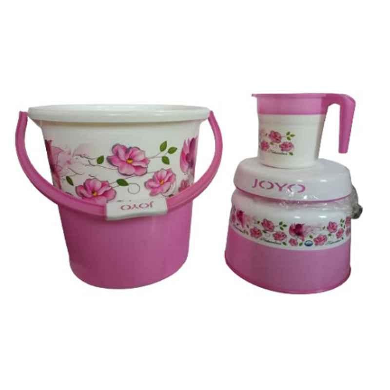 Joyo 3 Pcs 20L Plastic Pink Round Bucket, 1500ml Matching Mug & Small Bathroom Stool Set