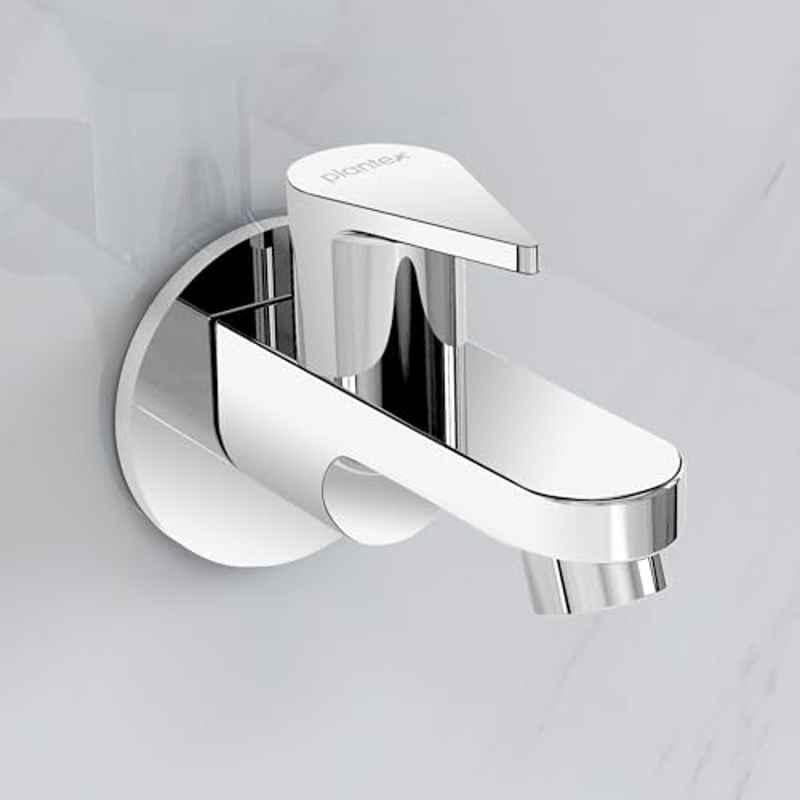 Plantex Pure Brass PAC-1801 Bib Cock Water Tap with Water Saving Aerator/Bib Tap with Teflon Tape & Brass Wall Flange for Wash Basin-7 Year Warranty Mirror Chrome Finish