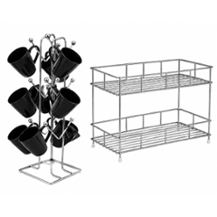 Niskoware Stainless Steel Silver Chrome 2 Layer Spice Rack & 12 Hooks Cup Stand Combo