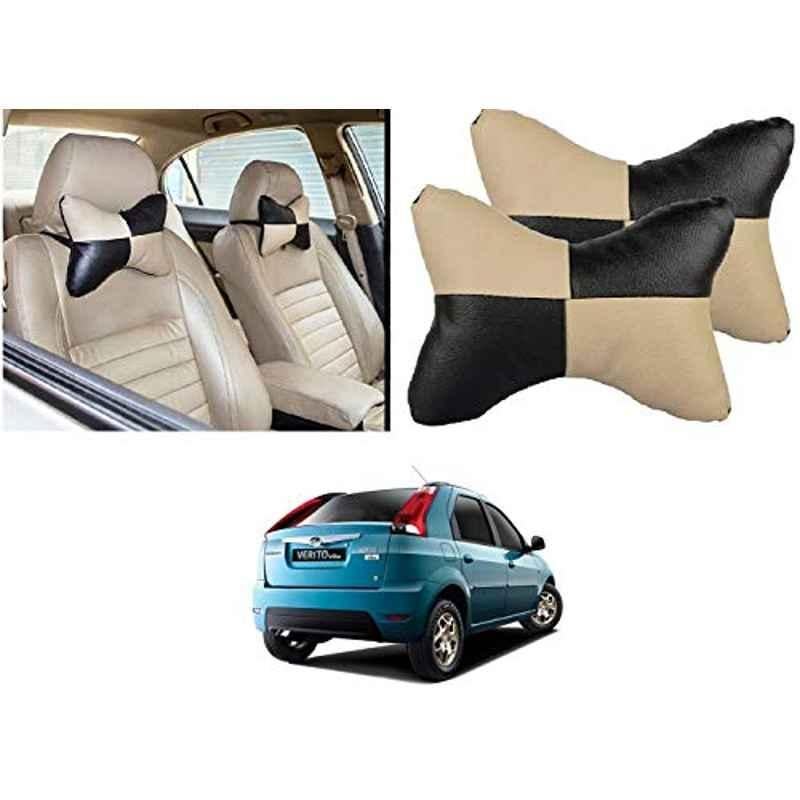 Kozdiko 2 Pcs Black & Beige Car Square Chess Design Neck Rest Seat Pillow Set for Mahindra Verito Vibe