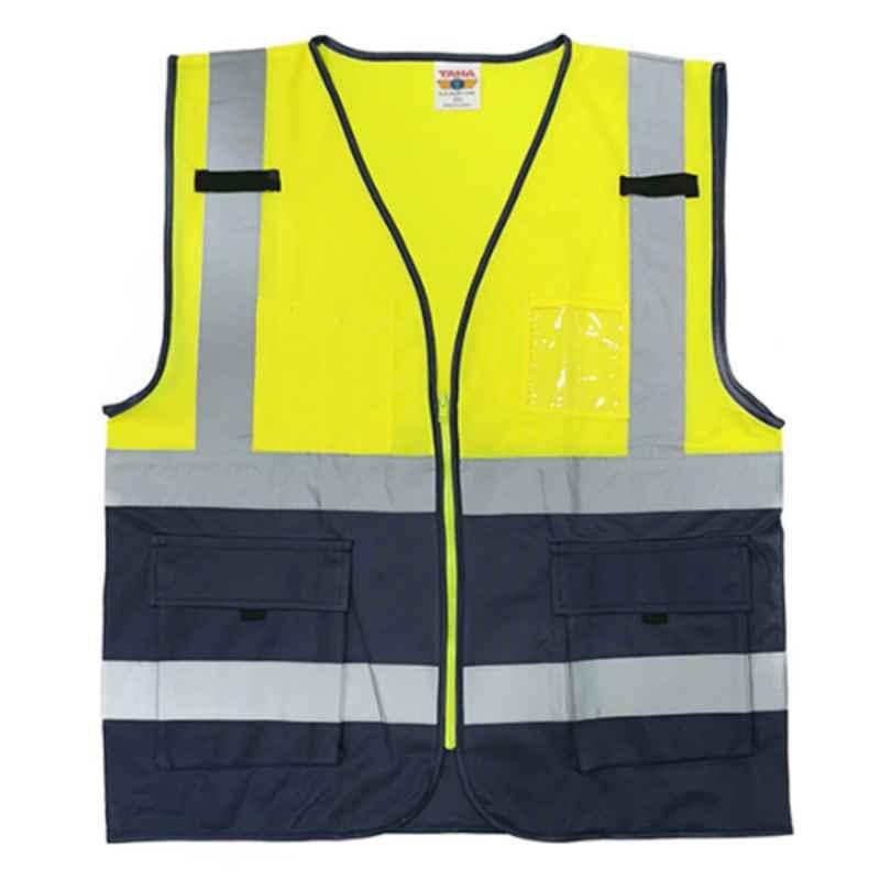 Taha Polyester Yellow & Navy Blue SJ 4 Line Safety Jacket, Size: L