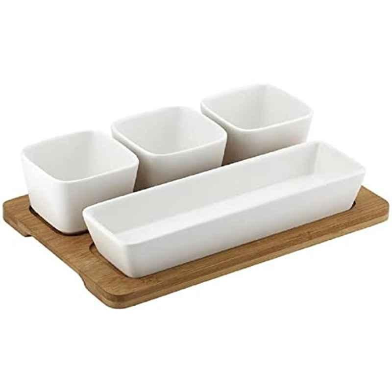 Ladelle 805057 Entertainer Oblong 4 Pcs White Bowl with Tray Set