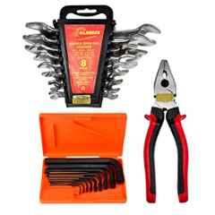 Globus 947 1 Pc Steel 8 inch Combination Plier, 9 Pcs Allen Key & 8 Pcs Double Open End Spanners Hand Tool Set