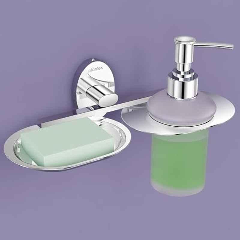 Plantex Soap Holder with Liquid Soap Dispenser/304 Grade Stainless Steel Soap Dish/Shampoo Dispenser/Soap Case/Handwash Dispenser/Bathroom Accessories Olive Chrome