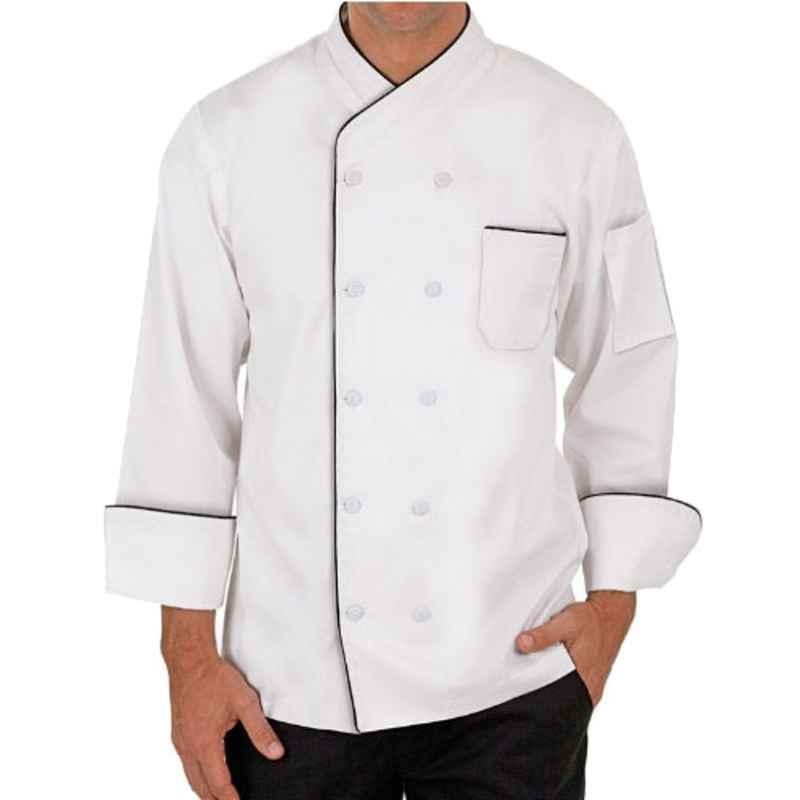 Superb Uniforms Polyester & Cotton White Full Sleeves Chef Coat with Piping, SUW/W/CC021, Size: L