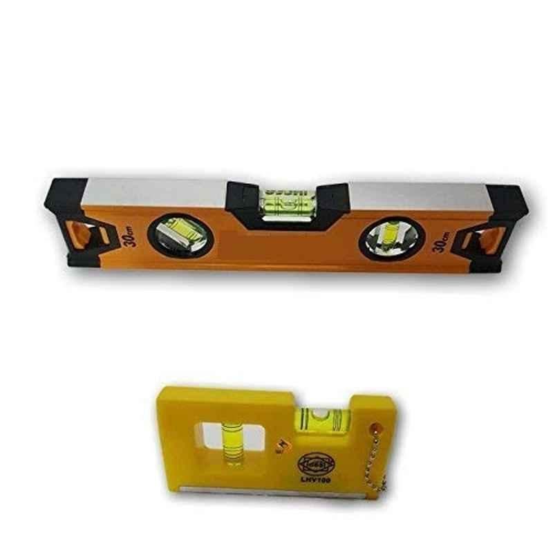 Krost Metal 30cm 3 Vials Spirit Level With Shock Absorbing Rubber And Free Pocket Key Chain Spirit Level (Orange)